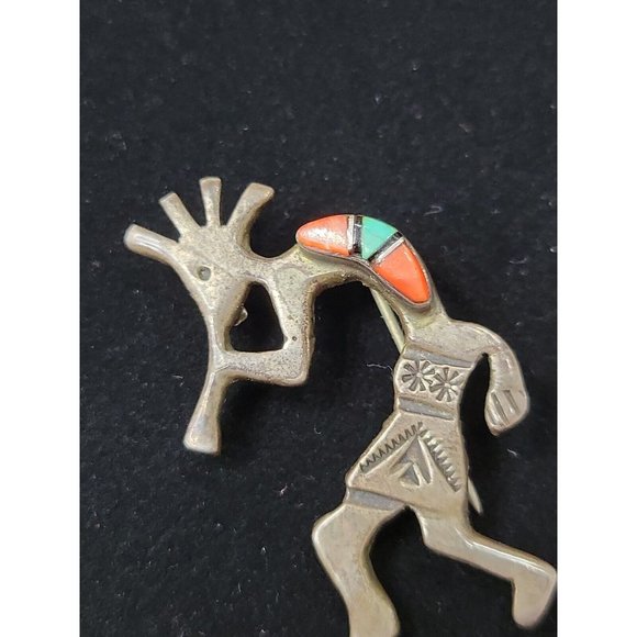 Navajo Kokopelli Pendant Brooch Sterling Turquoise Fire Coral "M" Arnold Maloney - Picture 3 of 5